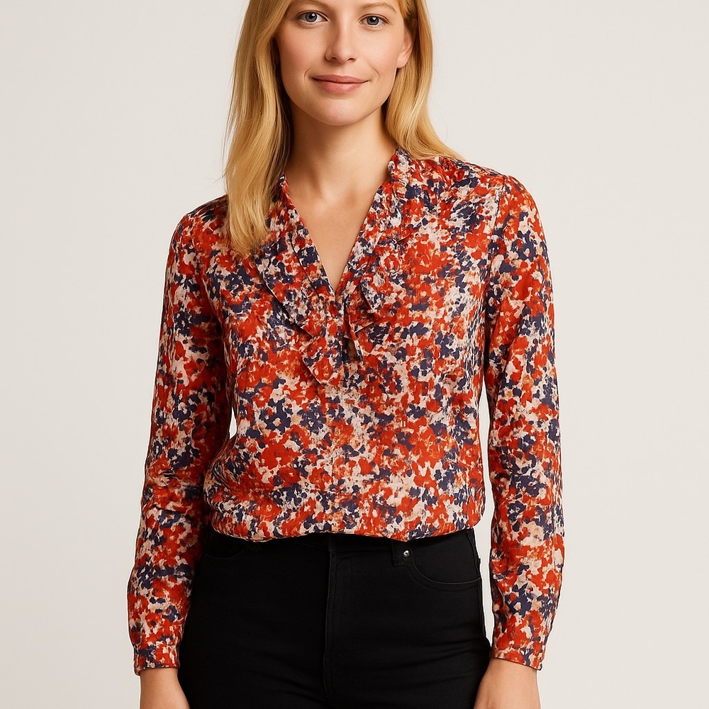 Esprit Women M V-neck Long Sleeve Floral Cotton Ruffle Blouse Orange Blue White